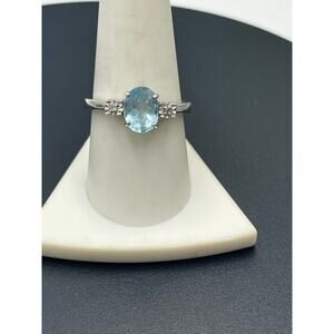 FAS Oval Prong Sky Blue Topaz Diamond 925 Sterling Silver Rhodium Ring Sz 9.5